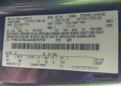 2018 Ford Escape Se from USA, damaged, VIN 1FMCU9GD4JUB18752